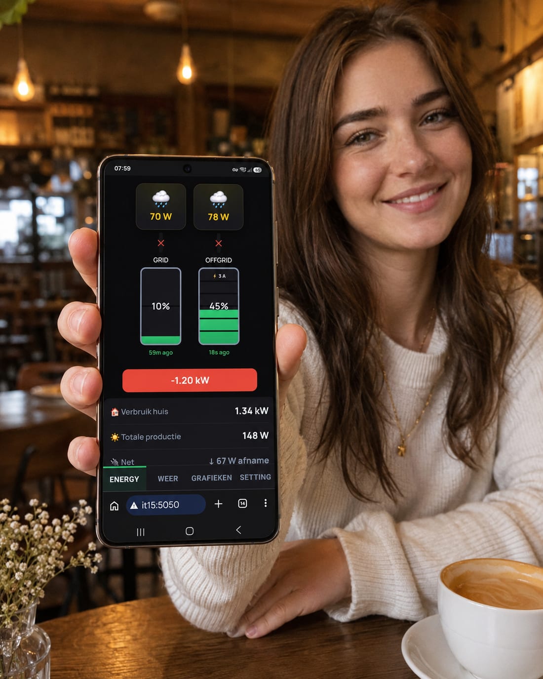 Energiedashboard op maat op een smartphone — live verbruik, batterijen en productie onderweg