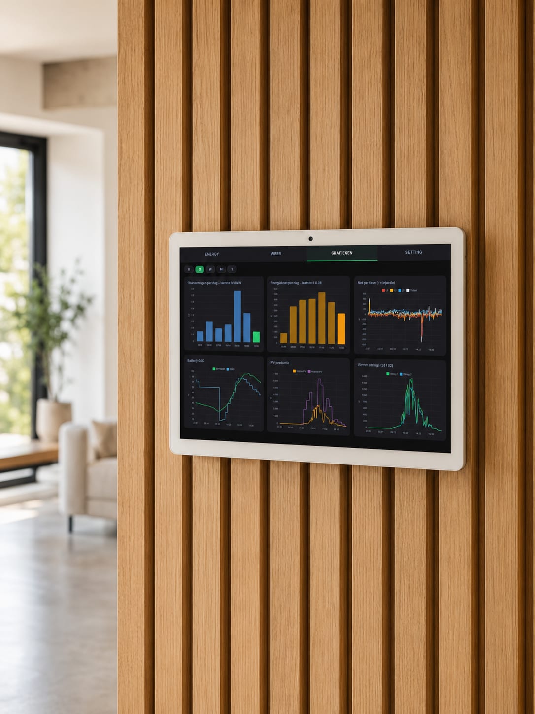 Energiedashboard op maat op een wandtablet — grafieken van PV-productie, batterij-SOC en netafname